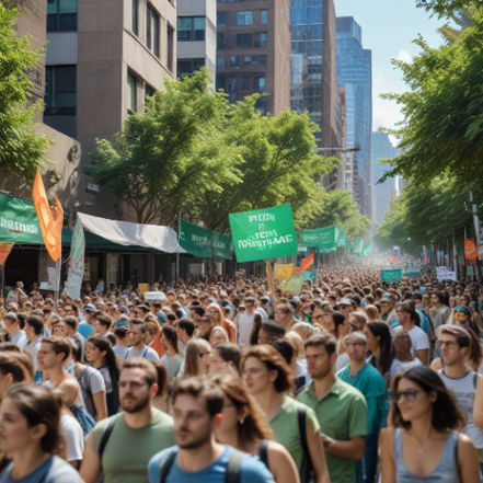 A vibrant eco-activist rally with banners and green initiatives, an influencer capturing content for Instagram.