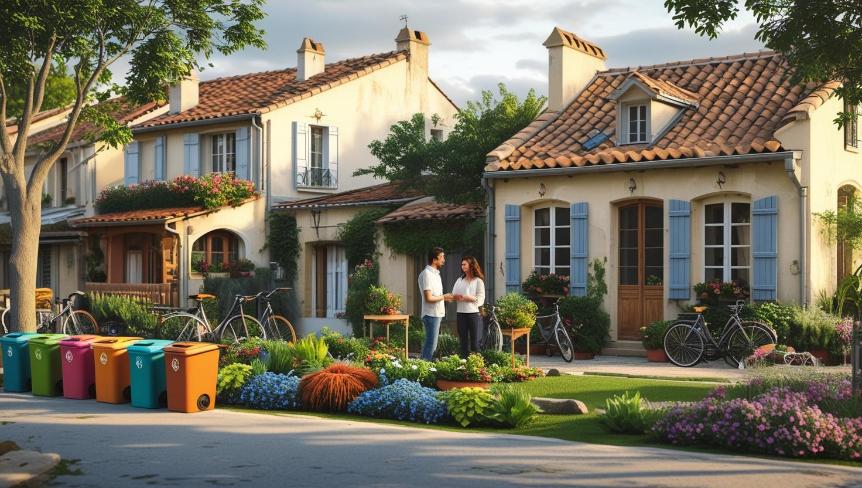 French neighbors chat near eco garden and bikes on quiet suburban street.