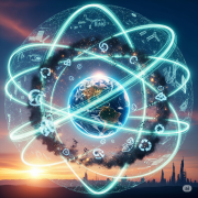 A glowing, vibrant Earth is surrounded by a futuristic, interconnected network of light streams and circuits, which are capturing and neutralizing dark, swirling clouds of pollution.