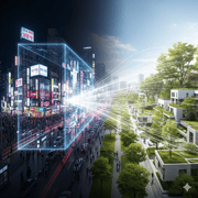 A split image contrasts a vibrant, crowded Korean nightlife scene with a serene, green urban landscape. A glowing, digital grid is shown in the middle, seemingly channeling the energy from the nightlife into the sustainable environment.split image contrasts a vibrant, crowded Korean nightlife scene with a serene, green urban landscape. A glowing, digital grid is shown in the middle, seemingly channeling the energy from the nightlife into the sustainable environment.