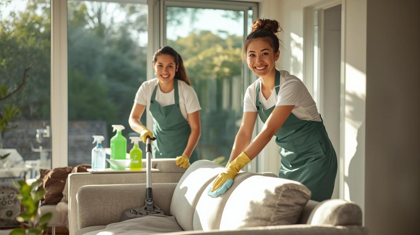 Two cleaners smiling while eco-cleaning a sofa in a bright coastal home.