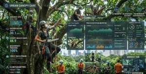 Municipal arborist team using professional climbing harnesses and ropes to prune a large city park tree, safety helmets visible, urban skyline in the background.
