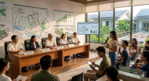 Modern resilient city with green spaces, flood protection systems, solar panels, and community members discussing urban climate resilience planning