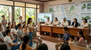 Town council meeting discussing sustainable city planning with maps, charts, and green infrastructure ideas, diverse community members participating in local environmental policy discussion
