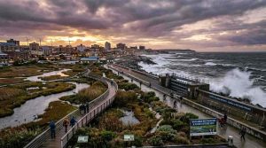 Coastal city implementing environmental protection policies, restored wetlands beside urban shoreline, government flood barriers, sustainable coastal infrastructure