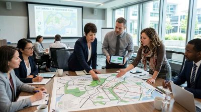 A modern local government planning meeting focused on environmental sustainability, officials reviewing maps showing parks, transportation routes, and green infrastructure, community representatives participating